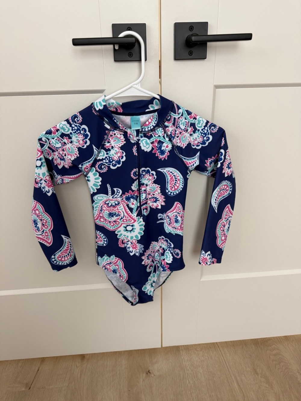 Girls' Navy Paisley Long-Sleeve One-Piece Swimsuit